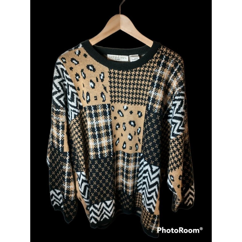 Vintage Patchwork Animal Print Plaid Plus Size Sweater, size 3X, women's